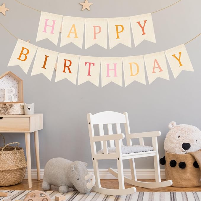 Doumeny Happy Birthday Burlap Banner Boho Birthday Bunting Garland Pink Bohemian Sign Flag White Birthday Hanging Banner Pastel Rainbow Party Decor for Home Mantel Fireplace Nursery Party Backdrop