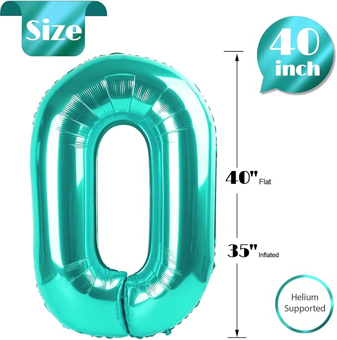 Teal Number 0 Balloon 40 Inch, 0 Balloon Numberfor 10th 20th 30th 40th 50th 60th Birthday Decorations, Teal Party Supplies for Men Women