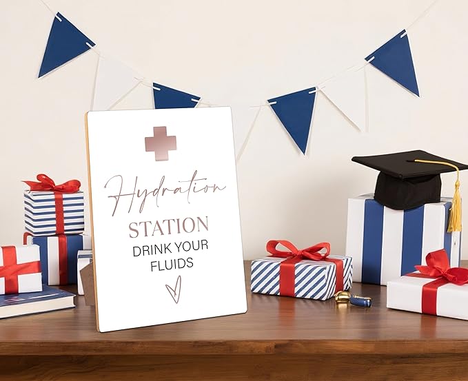 Graduation Hydration Station Bar Sign - Ornaments for Nurse Doctor Retirement Party, Graduation Centerpieces for Tables 2026, 8×11 Wooden Sign with Stand