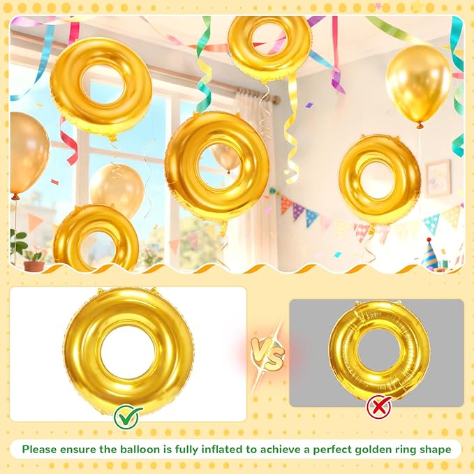15 Pack 30" Gold Ring Balloons for Cartoon Characters Themed Party Decor, Hedgehog Theme Birthday & Anniversary Backdrop, Shiny Foil Balloons with Ribbons & Fishing Line