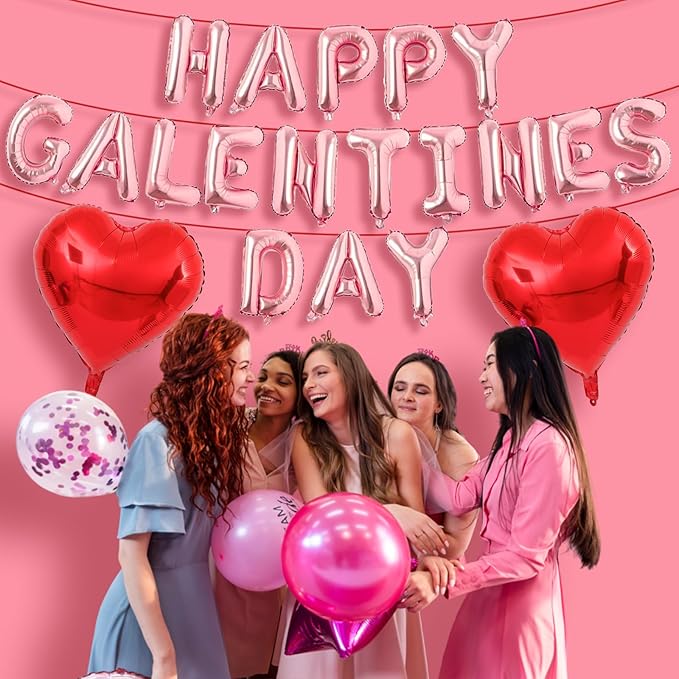 Happy Galentines Day Balloons Banner, 16 Inch Pink Galentine Letters Balloons Decorations 18 Inch Red Heart Foil Mylar Balloon for Women Ladies Galentine's Valentines Day Party Decoration Supplies