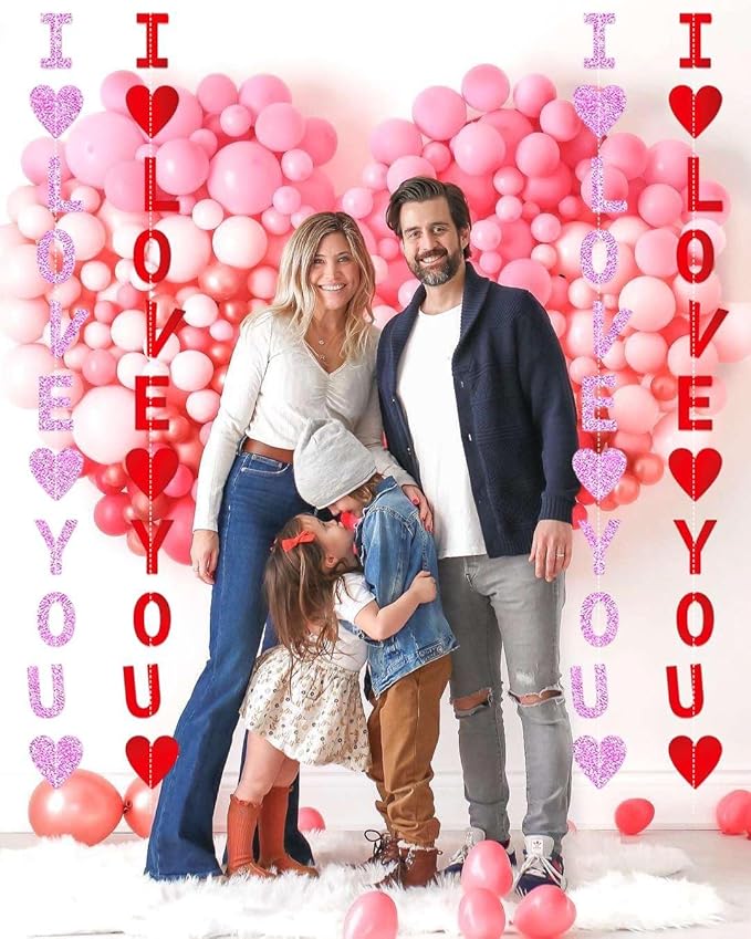 Glitter Red Pink Valentine Banner, 8 Strings Red I Love You Shiny Heart Banners Sign for Celebrate Valentine Party Wedding Ceremonies Holiday Party Decorations