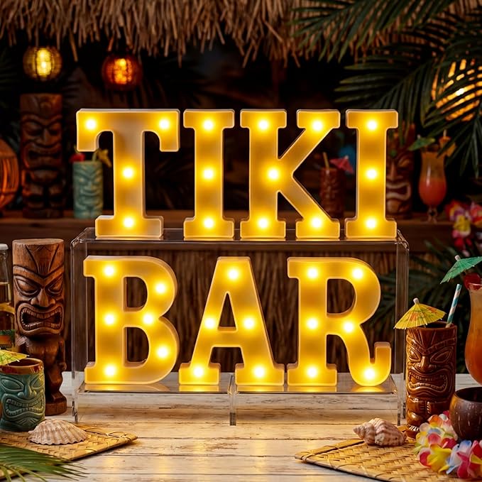 Honoson 7 Pcs Hawaiian Luau Tiki Party Decoration Tiki Bar LED Light Sign Hawaii Summer Tropical Table Lights up Sign for Summer Pool Beach Hawaiian Themed Party Supplies