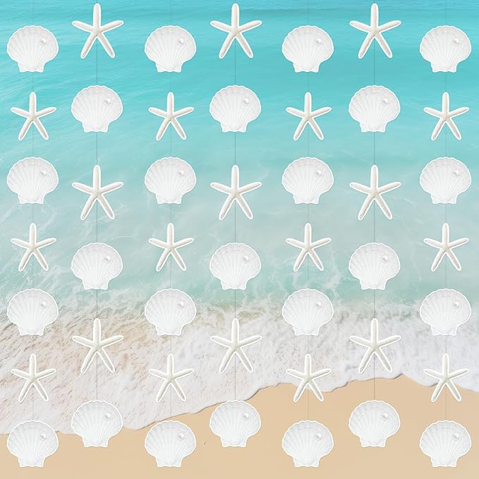Xinnun Coastal Party Decorations White Finger Starfish and Seashell Garland Ocean Nautical Theme Cutouts Ribbon Streamers for Under The Sea Beach Mermaid Birthday Beach Wedding Decor