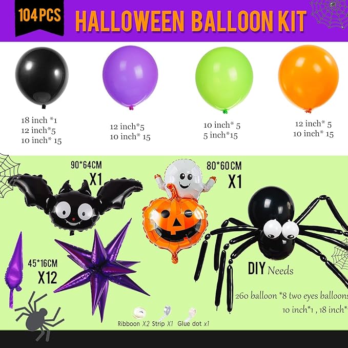 Halloween Balloon Garland Arch Kit 100+pcs Orange and Black Purple green balloons with Spooky Bat Pumpkin foil Balloons spider web for fall Halloween Party spooky-themed birthday Decorations