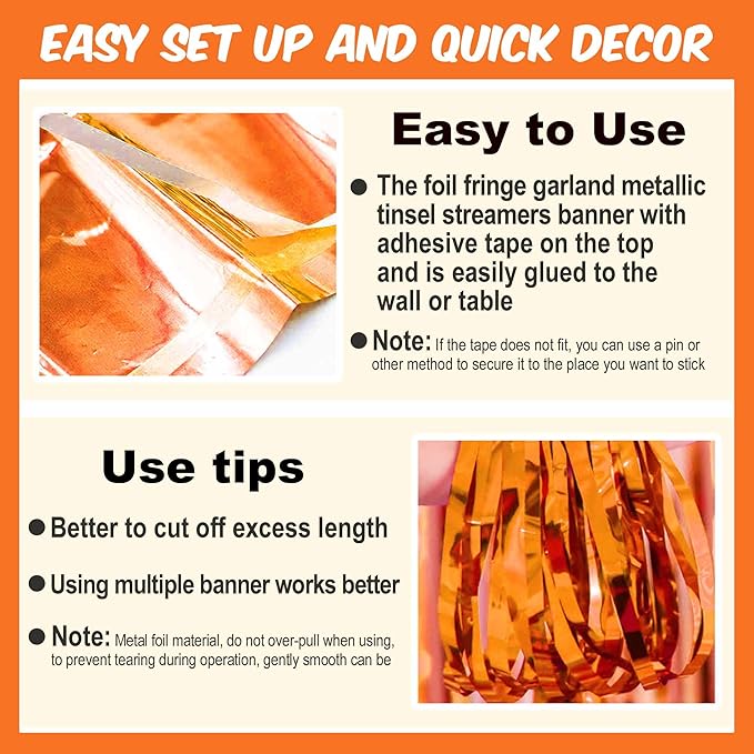 3 Pack 10 Ft Orange Foil Fringe Garland Metallic Streamers Tinsel Banner Wall Hanging Garland Backdrop for Parade Floats, Halloween, Christmas, Thanksgiving, New Year Party Decorations