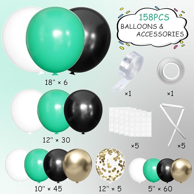 Green Black White Metallic Gold Balloons Garland Arch Kit, 146 Pcs Lime Dark Green Matte Black Confetti Gold Balloons for Graduation Football Soccer Army Birthday Party Decorations