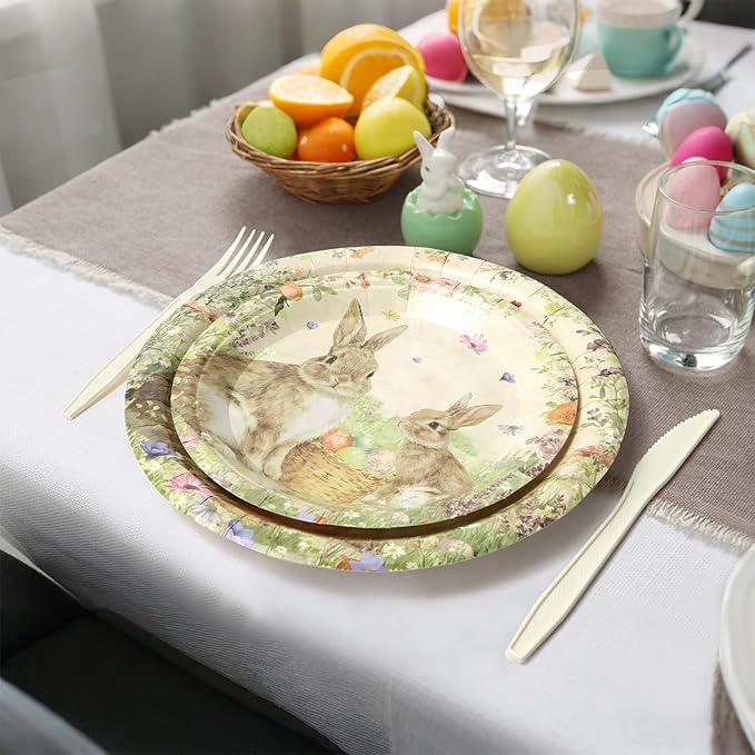 Easter Paper Plates Decorations - 168Pcs Bunny 9" Dinner Plates 7" Dessert Plates 9 OZ Paper Cups Napkins Set Cutlery Happy Easter Rabbit Party Supplies Serves 24