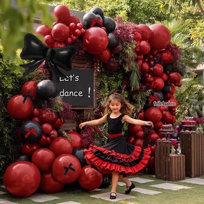 Dark Red Black Balloon Arch Kit with Bow, Double Stuffed Burgundy Black Red Maroon Balloon Garland for Birthday Baby Shower Anniversary Wedding Graduation Valentine‘s Day Party Decoration