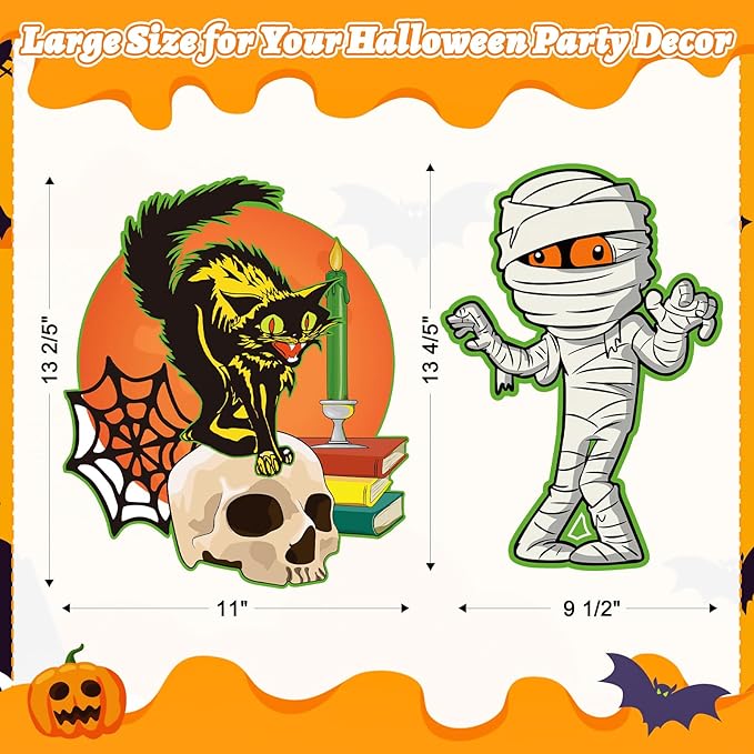 Large Vintage Halloween Decorations Cardboard Cutout Set of 12, Retro Spooky Ghost Cutouts Wall Decor Indoor Outdoor, Vintage Orange Green Black Paper Cut Outs Party Decoration (Large, Halloween)