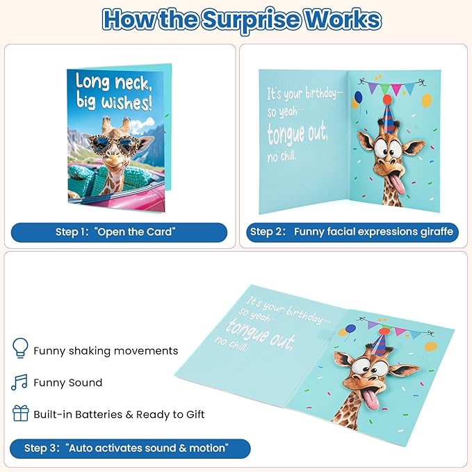 Funny Birthday Cards with Sound & Motion, Musical Shaking Giraffe Interactive Greeting Card for Women Men Kids, Happy Birthday Card with Envelope for Family Friends Coworker, 5.9 x 7.9 in