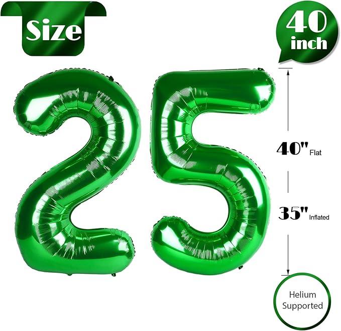 25 Balloon Number, Green Number 25th Birthday Balloons 40 Inch, 25 or 52 Years Old Green Birthday Decorations for Men Women, 25th Anniversary Decorations