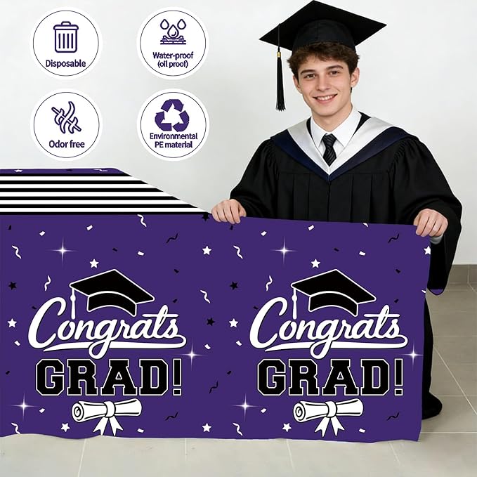 7-Pack Graduation Party Decorations Set, 3 Purple Graduation Tablecloths 54x108in, 2026 and Grad Balloons, 2 Foil Fringe Curtains for High School College Graduation Party Photo Booth