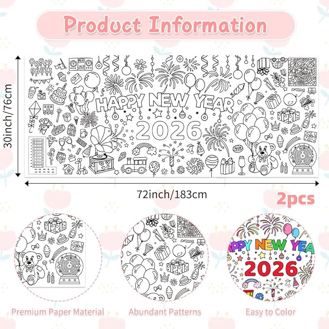 New Years Coloring Tablecloth/Poster, 2 PCS New Years Decorations 2026, 72" X 30" Giant Paper Coloring Banner for Crafts Activities Party Decorations, Fun DIY Art 2026 Year Eve Party Supplies