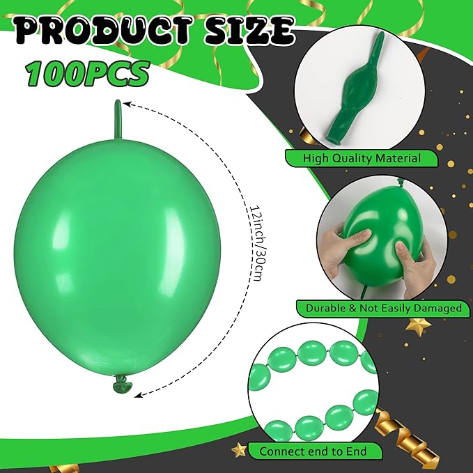 Link Balloons 12 Inch - 100 Pcs Quick Link Balloon Latex Linking Balloons Connected Linkable Balloon Birthday Wedding Party Decorations(Green)