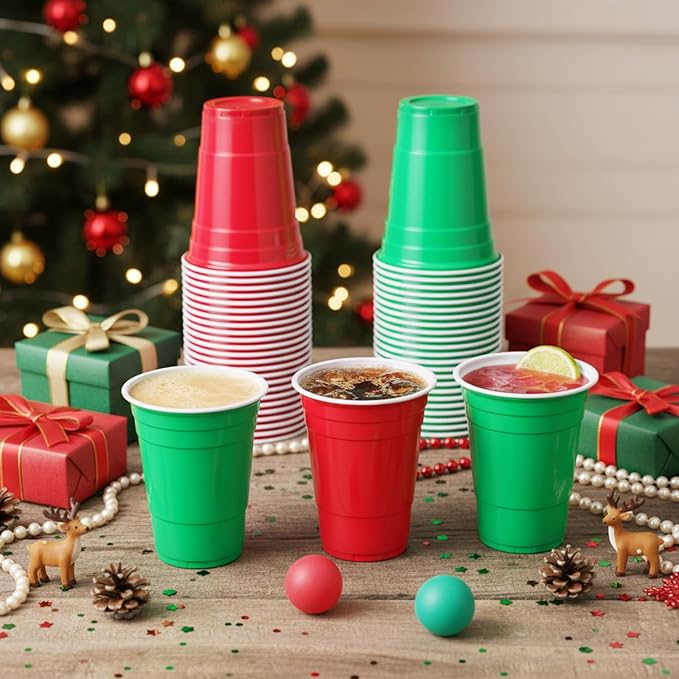 32 Pcs Christmas Party Game Set Include 16oz Red Green Plastic Cups with 8 Balls, Beer Cups for Xmas Holiday House Party Favor Birthday BBQ Outdoor Toss Game Supplies