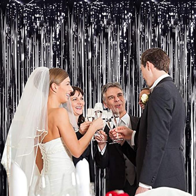 TONIFUL 3Pcs Black Door Streamers,Black Photo Booth Backdrop Metallic Streamers Foil Fringe Curtains for Halloween,Birthday,Christmas,New Year,Bachelorette,Graduation Party Decor(9.9ft x 8.2ft)