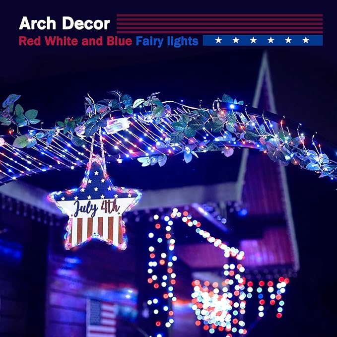 JMEXSUSS 4 Pack 50LED Red White Blue Fairy Lights Battery Operated, 16ft Battery Powered 4th of July Fairy Lights, Indoor Patriotic Lights for Independence Day 4th of July Decorations