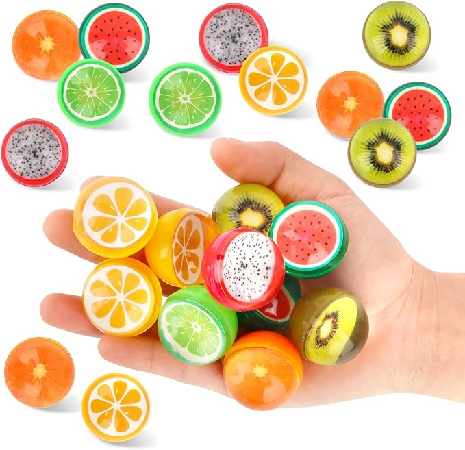 Hxezoc 24 Pcs Fruit Bouncy Balls for Kids, 32mm 6 Colors Rubber Bounce Balls Bulk for Party Favors, Goodie Bag Fillers, Easter Gift Bag Stuffers, Basket Stuffers, Classroom Prizes