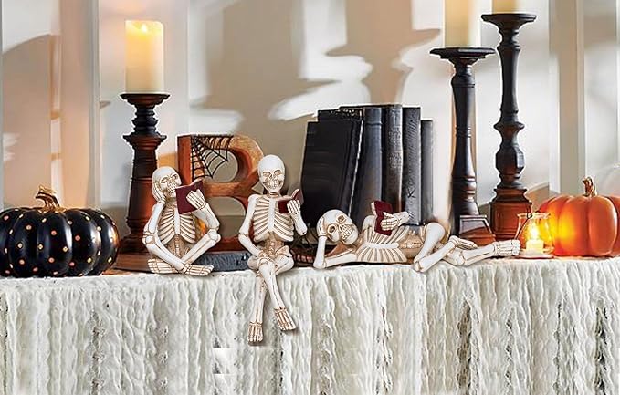3 Piece Halloween Indoor Decor Figurines Sitting Skeleton Statue Halloween Decorations mini Reading Skull Figurine Home Decor for Living Room Table Shelf Ornament