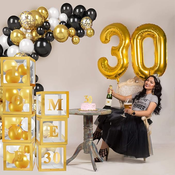 Ledido Gold Transparent Balloon Boxes With 78 Letters Numbers, Baby Boxes with Letters for Baby Shower Clear Letter Boxes for Party Graduation Wedding Birthday Baby Shower Decorations 7 PCS