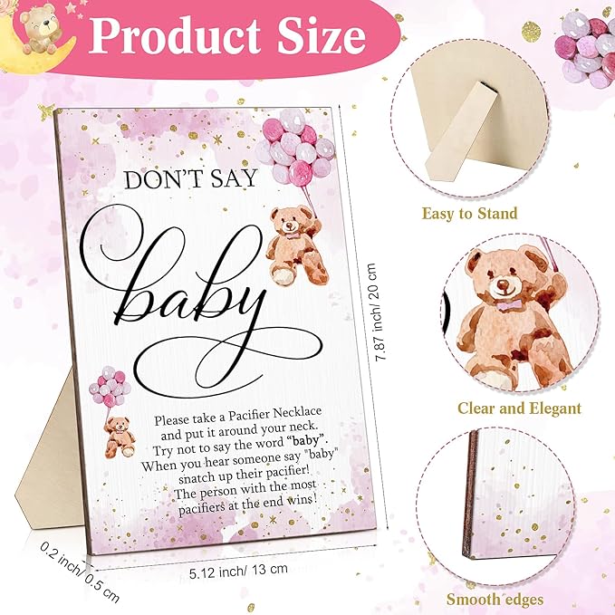 Wesiti 51 Pcs Cool Baby Shower Game Wooden Sign Gift Sets 50 Baby Shower Pacifiers Necklace Acrylic Pacifier for Gender Reveal Party Favor(Bear,Pink)