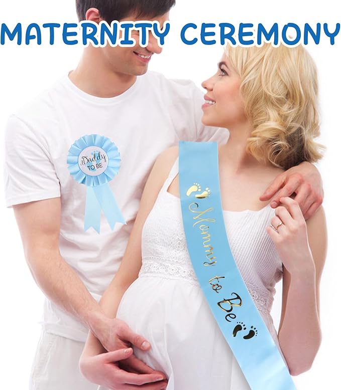 2 Pcs Baby Shower Decorations, Mommy to Be Sash and Daddy to Be Badge Set, It's a Themed Party Supplies for Baby Shower and Gender Reveal Decoracion (Blue 2 Pcs)