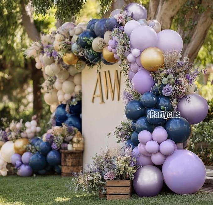 Navy Blue Purple Balloon Arch Double Stuffed, Dark Blue Pastel Lavender White Sand Ivory Balloon Garland Kit with Clear Bobo Metallic Lilac Latex for Baby Shower Wedding Birthday Valentine Party Decor