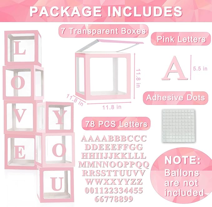 Ledido Transparent Balloon Boxes With 78 Letters Numbers, Pink Baby Boxes with Letters for Baby Shower Clear Letter Boxes for Party Wedding Birthday Baby Shower Graduation Decorations 7 PCS