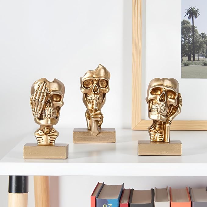 See Hear Speak No Evil Skeleton Figurines Set,Gothic Evil Skull Trio Statue,Vintage Skeletons for Halloween Decorations Indoor,Living Room Fireplace Floating Shelf Coffee Table Centerpiece Decor