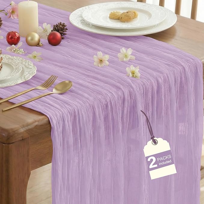 IVAPUPU 2 Pcs Cheesecloth Table Runner - 10ft Lilac Purple Lavender Easter Spring Boho Gauze Cheese Cloth Table Runners for Baby Shower Decoration Wedding Party Garden Decor