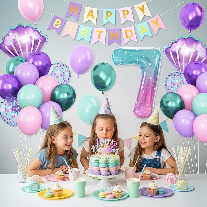 7th Mermaid Birthday Decoration,Metallic Purple Pink Green Blue Latex Balloons for Girls Party Decoration Number 7 Seashell Foil Balloons Banner Cake Topper Mermaid Sea Decorations