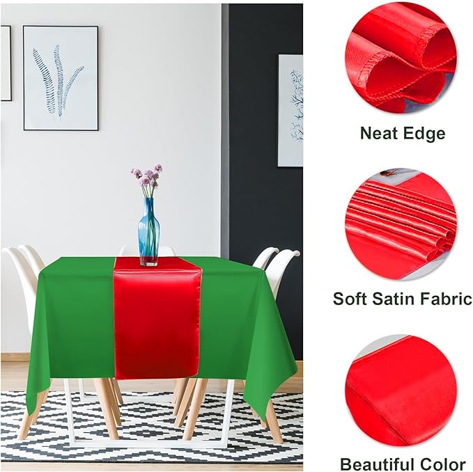 12 Pack 12x108 Inch Satin Table Runner and 84 Inch Rectangle Plastic Tablecloths Set Christmas Green and Red Disposable Table Cloth for New Year Christmas Wedding Holiday Anniversary Party Decorations