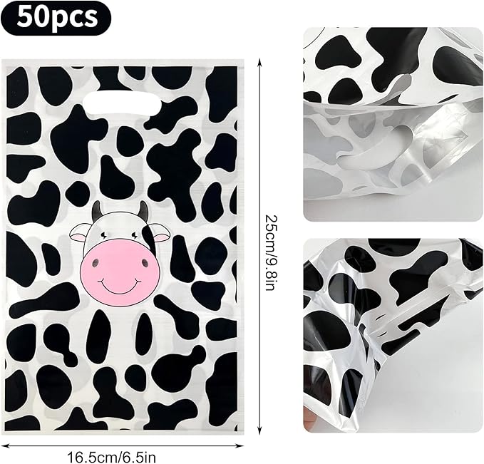 Rainmae 50 Pcs Cow Print Party Favors Bags, Cute Cow Goodie Gift Bags Treat Candy Bags, Farm Animal Theme Goodie Party Gift Bags for for Baby Shower Barnyard Cowboy Cowgirl Farmhouse Themed Birthday