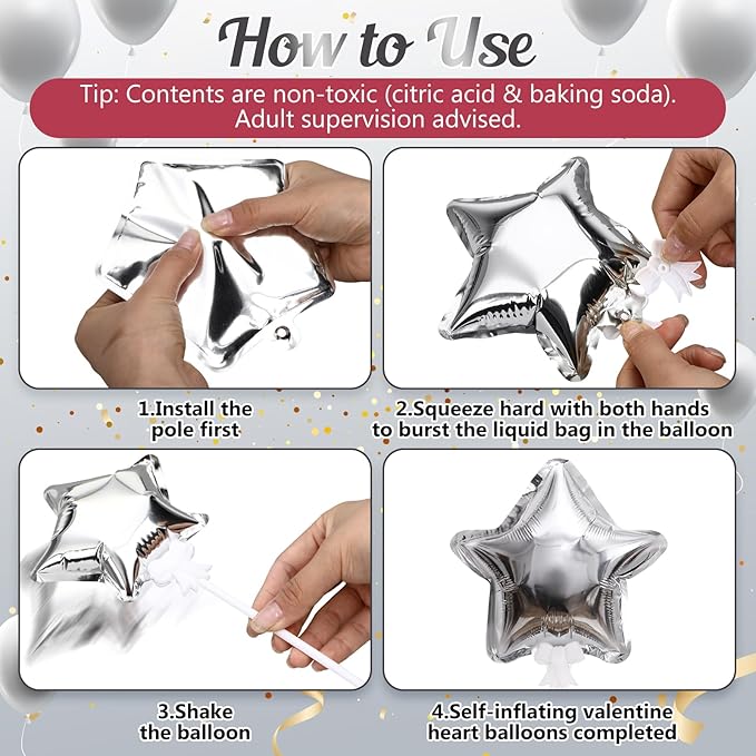 30 Pcs Star Self Inflatable Balloons with Bow Stems Star Foil Balloons Mini Pentagram Decoration for Patriotic Independence Day Graduation Birthday Baby Shower Anniversary(Silver,6 Inches)