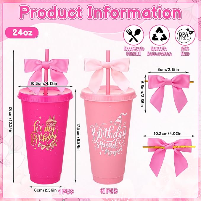 12 Pcs Birthday Party Tumblers, 24 oz Reusable Plastic Cups with Lids and Straws and Bows for Birthday Decorations Party Favor Pink