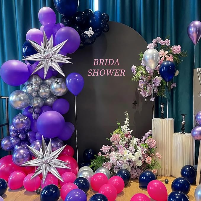 Hot Pink Purple Dark Blue Baloon Garland Arch Kit with 4D Star Foil Balloon Silver, 155Pcs Latex Balloons Different Sizes 18 12 10 5 inch for Graduation Birthday Wedding