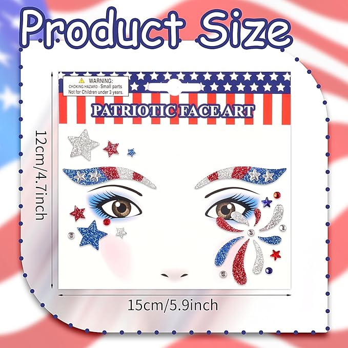 2 Sheets USA Flag & Stars Glitter Face Tattoo Jewelry, 4th of July Celebration Face Gems with Assorted Designs, Sparkle Red Blue Glitter in Independence Day, Parades, Parties & More (style4)
