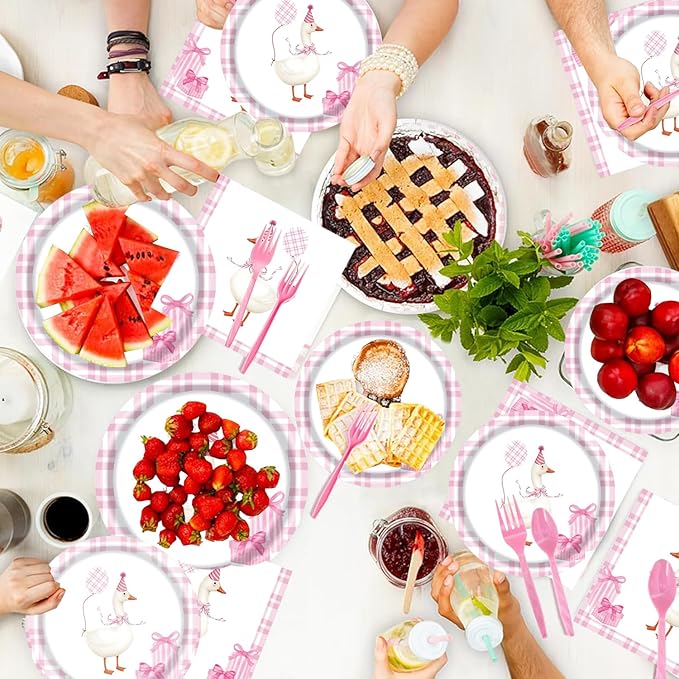 194 Pcs One Silly Goose Birthday Decor for 24 Guests - Pink Theme Party Supplies with Plates Napkins Cutlery Tablecloth and Banner, All-in-One Disposable Party Kit for Girls' Birthday