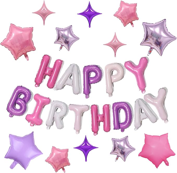KALOR Purple and Pink Happy Birthday Balloons Kit with 16 Inch Mylar Foil Letters Balloon and Star Balloons for Birthday Party Decorations Photo Booth Backdrop