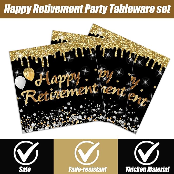 50PCS Retirement Party Napkins, Happy Retirement Decorations Cocktail Napkins Black and Gold Teacher Retirement Party Supplies