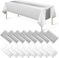MASHAN 16Pack Disposable Plastic Tablecloths and Satin Table Runner Set White and Silver Dot Tablecloth Silver Satin Table Runner for Wedding Birthday Baby Shower Christmas New Year Party Decorations