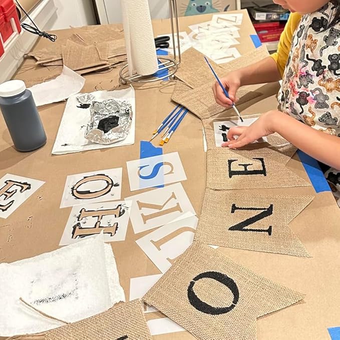 15PCS Burlap Baner PreStringed, DIY Custom Banner Kit, Customizable Personalized Banner, with Letters A to Z Stencil, Birthday Wedding Party Decor