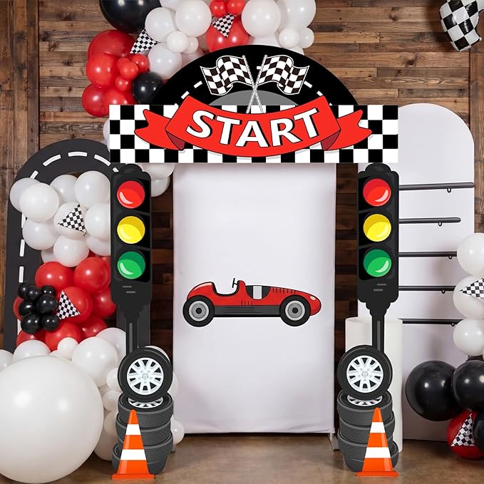 Peryiter 3 Pcs Race Car Birthday Party Decorations Racing Party Decorations Racing Fans Welcome Porch Sign Checkered Flag Hanging Door Banner for Car Birthday Baby Shower