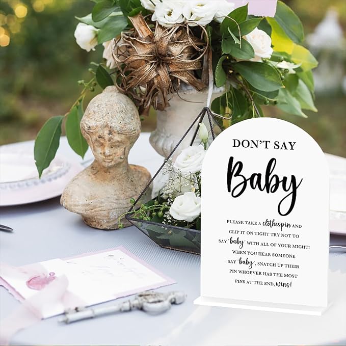 Baby in Bloom Shower Decorations, Baby Shower Sign, Newborn Gifts, Don't Say Game Signs, Modern Calligraphy Arched Acrylic Table Top Signs With Stand for Birthday Party Decorations (White)