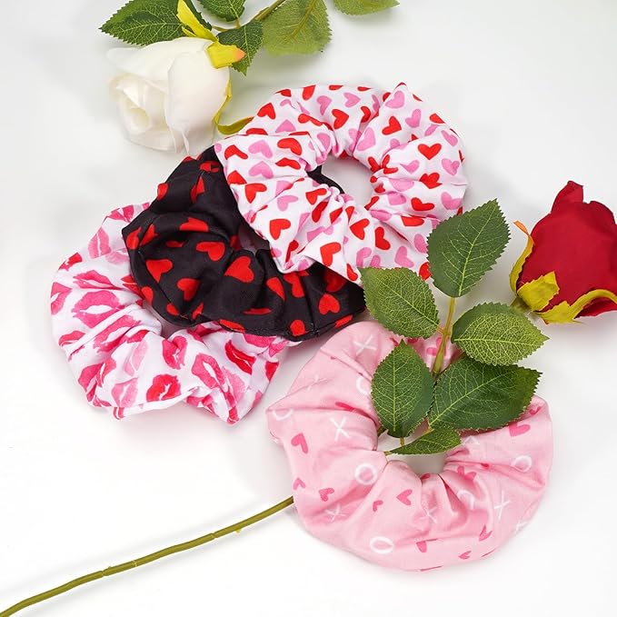 Valentines Hair Scrunchies Red Heart XOXO Hair Ties for Women Girls Elastics Ponytail Holder Valentine‘s Day Hair Tie Love Hair Ropes Valentines Hair Accessories Hair Decoration