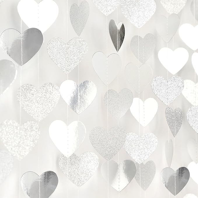 White -Silver Disco Party-Decoration Heart Garland - 52ft Birthday New Years Eve Hanging Backdrop Streamers,Graduation Engagement Wedding Bachelorette Winter Christmas Banner Decor Lasting Surprise