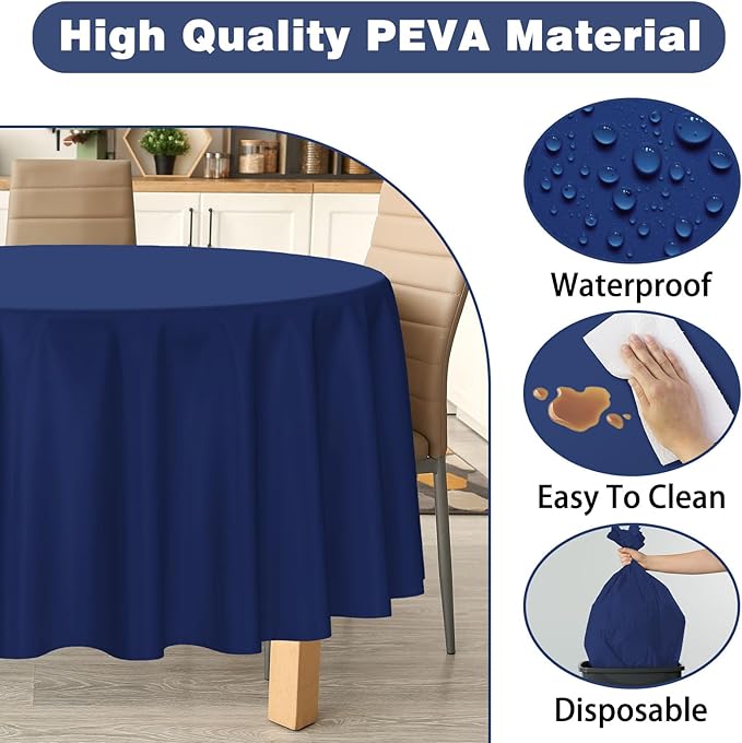 Kopokita 2 Pack Navy Blue Round Disposable Plastic Tablecloths 84 inch Party Table Covers