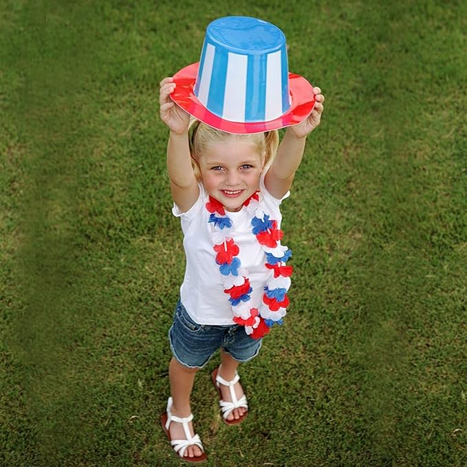 LALASTAR Red White and Blue Flower Leis, Memorial Day Decorations, 4th of July Memorial Day Patriotic Decorations, Hawaiian Luau Flower Necklace Party Favors, Pack of 12