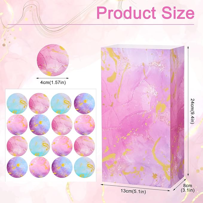 woric 36PCS Tie Dye Party Favor Bags with Stickers, Gradient Pink and Purple Small Gift Bags Self Stand Gold Foil Goodie Bag for Kids, Girls Birthday, Baby Shower, Wedding Party Favor Supplies